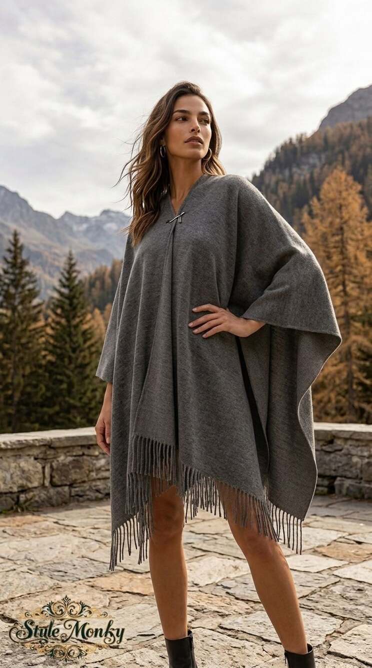 Bloomingdale's Wool Cashmere Fringe Poncho Gray
